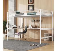 Lit surélevé Sweiko, 90x200cm cadre de lit en métal, lit en fer, lit surélevé avec bureau en L et une étagère pour enfants, adolescents et adultes, sans matelas, blanc