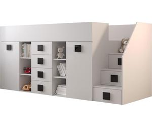 Lit surélevé "Toledo 3" Lit d'enfant 90x200cm Bureau blanc brillant Poignées noires