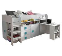 Lit surélevé Toledo Lit d'enfant 90x200cm Bureau blanc brillant Poignées turquoise