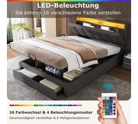 Lit tapissé avec éclairage LED, lit à rangement hydraulique avec lit bébé, compartiments de rangement et de chargement, tête de lit rabattable en mousse, structure en acier, draps, 180 x 200 cm, gris