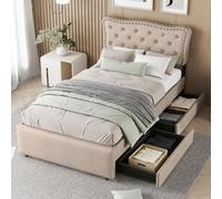 Lit tapissé de 90x200 cm avec bordure décorative en têtes de clous, de couleur beige foncé, équipé de deux rangements, avec un repose-tête réglable (3 positions), revêtement en lin et structure en MDF