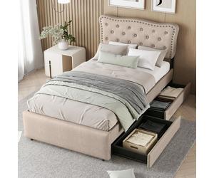 Lit tapissé de 90x200 cm avec bordure décorative en têtes de clous, de couleur beige foncé, équipé de deux rangements, avec un repose-tête réglable (3 positions), revêtement en lin et structure en MDF