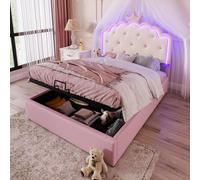 Lit tapissier 140 x 200 cm avec éclairage d'ambiance LED, espace de rangement hydraulique et sommier à lattes, design élégant, en PU/MDF, de couleur rose
