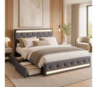 Lit tapissier 140x200 cm, gris foncé, avec éclairage LED et 4 tiroirs, équipé de ports USB. Lit double moderne en lin avec fonction de charge Type-C. Lit escamotable avec éclairage LED intégré à la tê