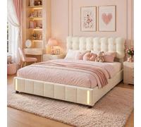 Lit tapissier 160 x 200 cm avec éclairage LED et espace de rangement, lit avec sommier à lattes et tête de lit rembourrée, lit double hydraulique pour adolescents, modèle fille, sans matelas (160X200C
