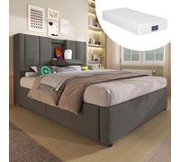 Lit tapissier 90x200 cm, lit simple avec porte-gobelets dissimulé et station de charge, lit à l'hydraulique avec espace de rangement sous le lit, inclut un sommier à lattes