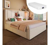Lit tapissier 90x200 cm, lit simple avec porte-gobelets dissimulé et station de charge, lit à l'hydraulique avec espace de rangement sous le lit, inclut un sommier à lattes