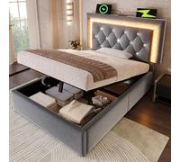 Lit tapissier 90x200 cm, lit simple en velours avec une bande de diodes LED en forme de diamant sur la tête de lit, station de chargement USB et Type-C, et coffre de lit hydraulique avec espace de ran