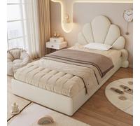 Lit tapissier avec tête de lit en forme de pétales de fleurs et avec des espaces de rangement, dimensions 90x200 cm, couleur beige, revêtement en velours. Forme incurvée de pétales, design antidérapan