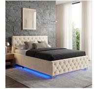 Lit - TECTAKE - Lit coffre DAYTONA en bois à l'aspect velours capitonné avec bandes LED, sommier inclus, 180 x 200 cm - Sable