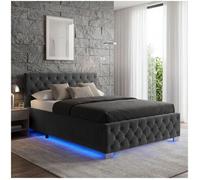 Lit - TECTAKE - Lit coffre DAYTONA en bois à l'aspect velours capitonné avec bandes LED, sommier inclus, 180 x 200 cm - Noir