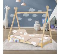 Lit tipi 70 x 140 cm avec sommier à lattes, couleur naturelle, lit tipi en bois massif de pin, maisonnette-lit pour filles et garçons, lit bas en forme de maison, lit pour adolescents, lit en bois, ma
