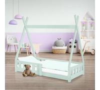 Lit tipi 70x140 cm, couleur menthe, avec barrière de sécurité et sommier à lattes, en bois massif de pin. Lit tipi pour filles et garçons, maisonnette-lit avec clôture, lit au sol, maisonnette pour en