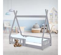 Lit tipi 70x140 cm, gris clair, avec barrières de sécurité et sommier à lattes, en bois de pin. Lit tipi pour filles et garçons, lit-cabane avec barrière, lit au sol en forme de maison, lit pour adole