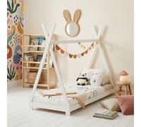 Lit tipi ELIN en pin massif, dimensions 90 x 190 cm, lit maison pour enfants avec toit, lit de jeu moderne sur le thème des Indiens pour enfants, laqué blanc