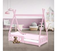 Lit tipi pour enfant, 70x140 cm, rose, avec barrière de sécurité et sommier à lattes, en bois de pin. Lit tipi pour filles, style indien, maisonnette-lit avec barrière, lit-maisonnette, lit pour enfan