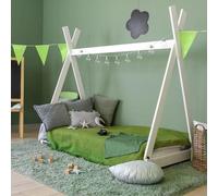 Lit tipi pour enfant avec sommier à lattes. Lit tipi 70 x 140 cm. Lit en forme de maisonnette, style tente. Fabriqué en bois massif. Lit en bois pour enfants, garçons et filles. Lit bas, de couleur bl