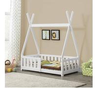 [en.casa] Lit d'enfant 70 x 140 cm, blanc, avec barrière de sécurité, style tipi, en pin, lit pour adolescent, lit en bois, lit en forme de maison