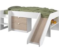 Lit Toboggan Enfant PARISOT SLIDE, 90 x 200 cm, Blanc et Chene Jackson, Sommier Inclus, 2 Tiroirs