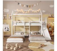 Lit triple pour 3 enfants, lit cabane pour enfants 90x200 cm, lit superposé triple avec toboggan, étagère ouverte et échelle, lit en bois pour adolescents, lit superposé avec sommier à lattes et barri