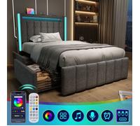 Lit USB Type C Fonction de charge éclairage LED et 2 tiroirs,90x200cm Cadre de lit, ardoise en bois, gris (sans matelas)