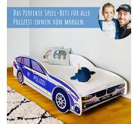 Lit voiture 70x140 cm Lit de jeu pour enfants avec matelas, protection contre les chutes et sommier à lattes 140x70 cm Lit enfants police voiture