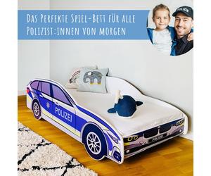 Lit voiture 70x140 cm Lit de jeu pour enfants avec matelas, protection contre les chutes et sommier à lattes 140x70 cm Lit enfants police voiture