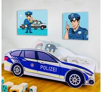 Lit voiture 70x140 cm Lit de jeu pour enfants avec protection contre les chutes et sommier à lattes 140x70 cm Lit enfants police voiture