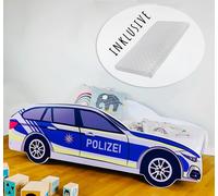 Lit voiture 80x160 cm Lit de jeu pour enfants avec matelas, protection contre les chutes et sommier à lattes 160x80 cm Lit enfants police voiture