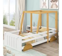 Lit voiture 90x200cm en pin avec roues MDF décoratives, blanc et naturel