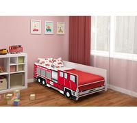 Lit voiture ACMA pompier 160x80 cm - Lit enfant en forme de camion de pompier, lit adolescent complet avec matelas, sommier à lattes et barrière de sécurité