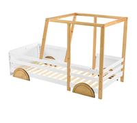 Lit voiture enfant avec roues en mdf, Certifié EN747, lit garcon avec cadre en pin, blanc + naturel (90x200cm)