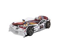 Vipack Lit voiture MAX 90x200 cm – sommier à lattes, MDF laqué blanc brillant motifs racing