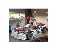 Vipack Lit voiture MAX 90x200 cm – sommier à lattes, MDF laqué blanc brillant motifs racing