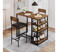 Litake Ensemble de table de bar 3 pièces, table de salle à manger avec 2 chaises rembourrées et 3 étagères - Petite table de comptoir - Tabouret de bar pour 2 personnes - Design industriel - Marron