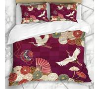 Literie - Housse De Couette Marron Kimono Cranes Hand Hand Fan Vert Chrysanth¿¿Mes Motif Nature Oiseau Conception Asiatique Ensemble Trois Pi¿¿Ce