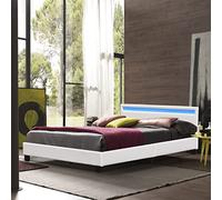 Literie Julien Angel - Solide et Confortable Lit avec Sommier + Tête de Lit avec Eclairage LED + Pieds en 10 cm pour Matelas en - 13 Lattes - revetement PVC Simili Facile d'entretien (Blanc, 160x200)