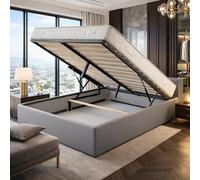 Literie Julien Ensemble Lit Coffre et Matelas 140x190 cm - Couleur : Gris - Sommier Relevable avec Vérins Hydrauliques - Matelas Haute Densité Confort Souple - Lit Coffre Déhoussable