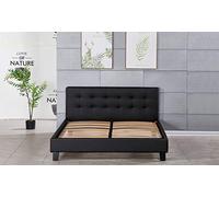 Literie Julien Frederic - Solide et Confortable Lit avec Sommier + Tête de Lit Capitonnee Couleur Noir + Pieds en 10 cm pour Matelas en 140x190-13 Lattes - revetement PVC Simili - Montage Rapide