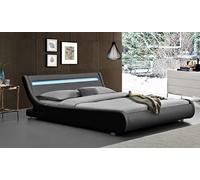 Literie Julien Lit ava pour Matelas 140x200 - Sommier + Tête de Lit eclairage LED Incurve Couleur Noir + Pieds en 5 cm pour Matelas - 13 Lattes