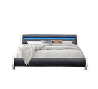 Literie Julien Lit ava pour Matelas 90x190 - Sommier + Tête de Lit eclairage LED Incurve Couleur Blanc & Noir + Pieds en 5 cm pour Matelas - 13 Lattes - revetement PVC Simili Facile d'entretien