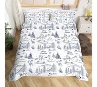 Literie Noël Set 240 x 260 avec 2 Taies d'Oreiller - Housse de Couette Réversible Arbre de Noël Bleu, Bonhomme de Neige, Village d'Hiver - pour Adultes et Enfants