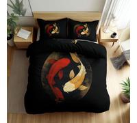 Literie Parure De Lit Microfibre Peinture L’Encre Carpes Ko Yin-Yang, Imprimé Réversibles Housse De Couette 140 x 200 cm avec 2 Taies d'oreiller Noir 3 Pièces, pour Adultes Enfants Filles Garçon