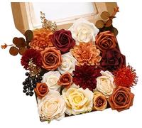 LITOYNAN Boîte combinée de fleurs artificielles pour bouquet de mariage, fleurs artificielles en soie pour centres de table de mariage, fête, gâteau, fête prénatale (orange et bordeaux)