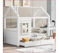 Lits, Cadres &amp Supports - Lit Enfant Hausbett en Pin Massif avec Barrière de Sécurité et Rangement - Blanc