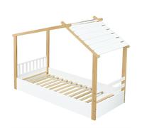 Lits en bois, lit d'enfant, lit simple, design raffiné de maison en bois, sommiers à lattes robustes, design épuré, pin + aggloméré + MDF, blanc + naturel, 90 x 200 cm, blanc + naturel, pin + agglomér