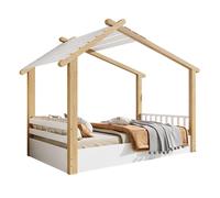 Lits en bois, lit d'enfant, lit simple, design raffiné de maison en bois, sommiers à lattes robustes, design épuré, pin + aggloméré + MDF, blanc + naturel, 90 x 190 cm, blanc + naturel, pin + agglomér