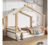 Lits en bois Sweiko, Lit d'enfant, Lit simple, Design exquis de la maison en bois, Solide sommier à lattes, Design simple, Pin + panneau de particules +MDF, Blanc+Naturel, 90x190cm
