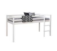 Homestyle4u Lit mi-hauteur massif 90x200 cm blanc pour adolescents avec sommier à lattes et échelle