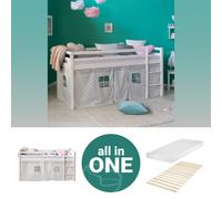 Homestyle4u Lit superposé 90x200 cm en pin massif avec matelas et rideau étoiles gris
